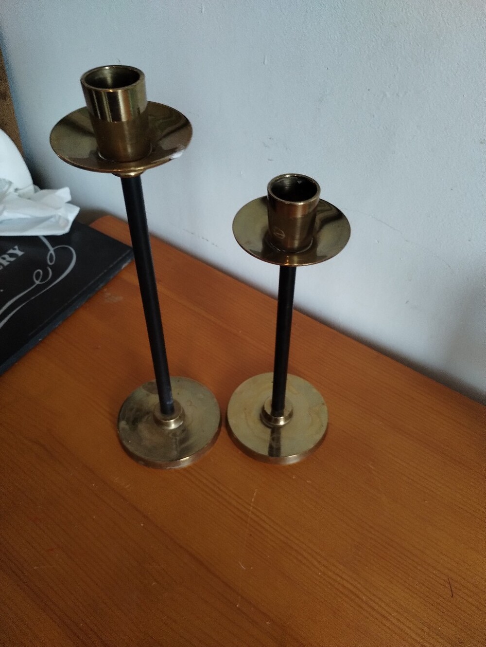 Brass and Black Metal Taper Candle Holders - Set of 2